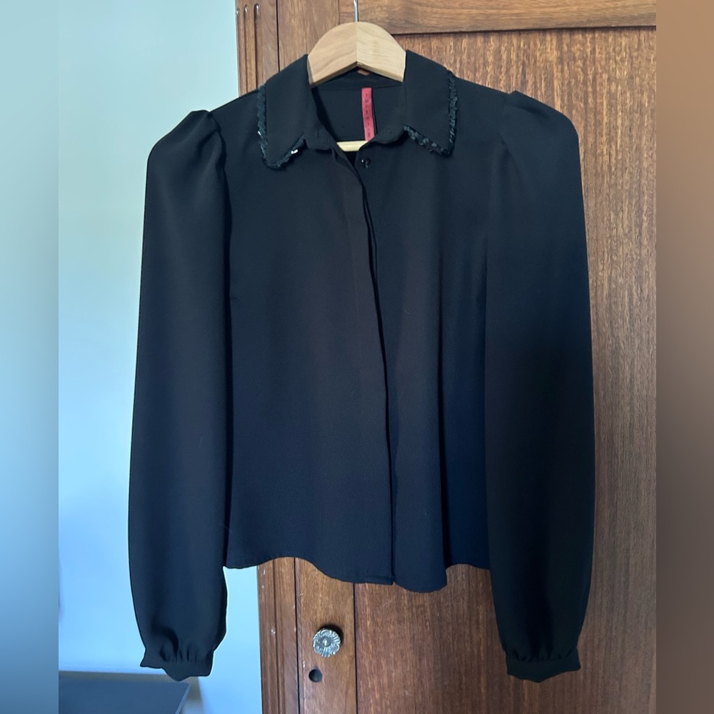 Chic Black Women's Blouse with Embellished Collar